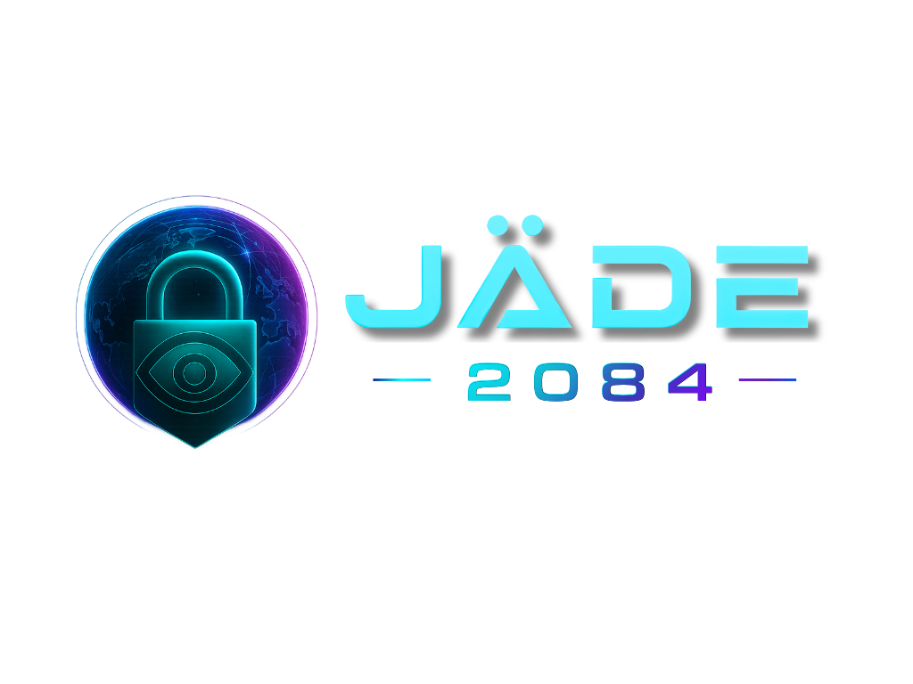 Logo Jäde 2084 : cadenas numérique avec œil intégré sur globe terrestre illuminé en cyan et violet, symbole de la conscience numérique et de la souveraineté des données personnelles