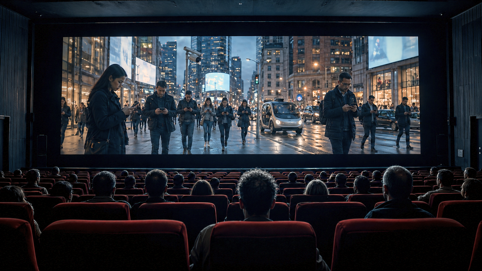 Salle de cinéma plongée dans la pénombre, spectateurs silencieux face à un grand écran projetant une rue moderne où des passants absorbés par leur smartphone côtoient des caméras de surveillance, illustration des films dystopiques devenus réalité numérique en 2026.