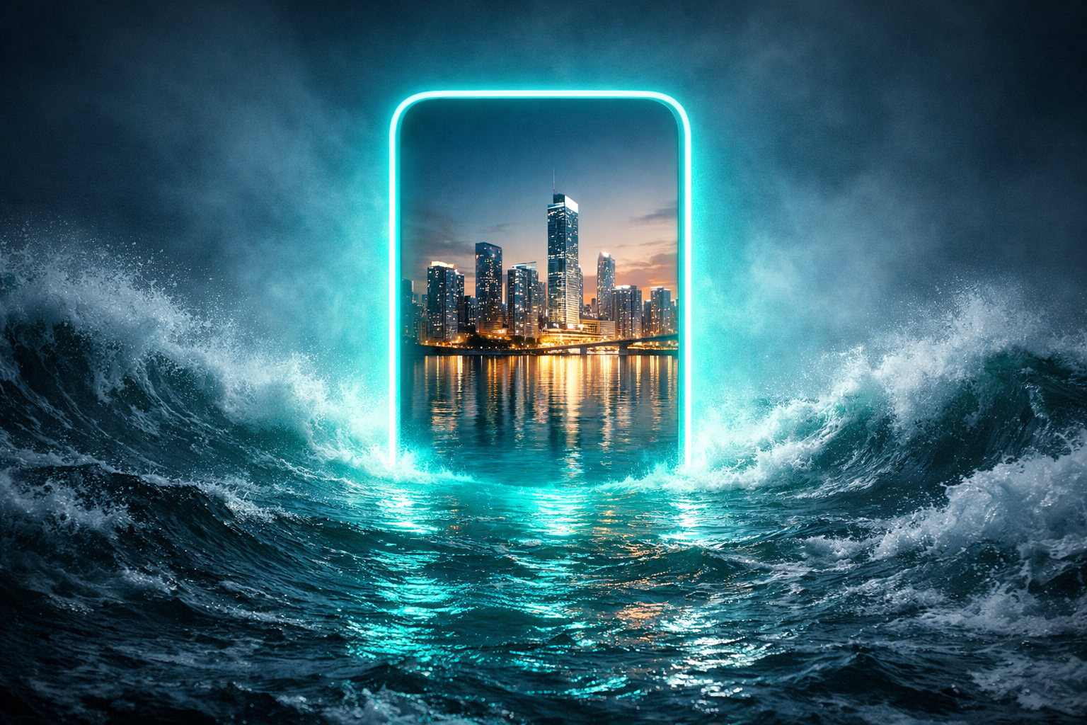 Illustration d’un smartphone lumineux ouvrant vers une ville moderne au milieu de l’océan, représentant une connexion VPN sécurisée avec Surfshark