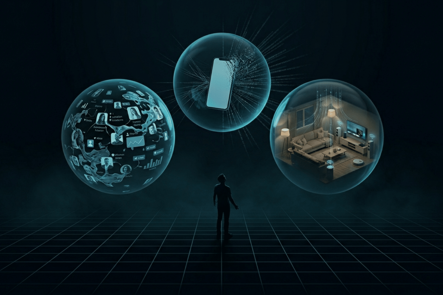 Illustration surveillance numérique : silhouette humaine face à trois sphères représentant Cambridge Analytica (données personnelles et réseaux sociaux), Pegasus (smartphone espionné) et les objets connectés (foyer surveillé)