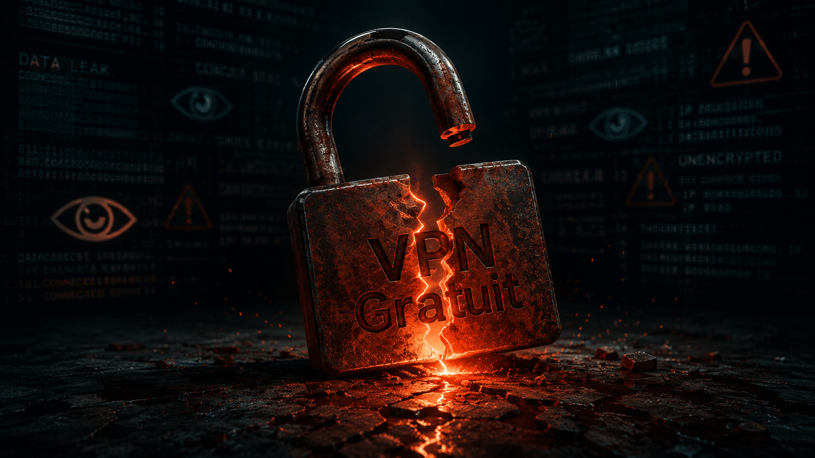 Cadenas rouillé et fissuré avec l'inscription VPN Gratuit, entouré d'yeux numériques et d'alertes de fuite de données, symbolisant la fausse sécurité des VPN gratuits