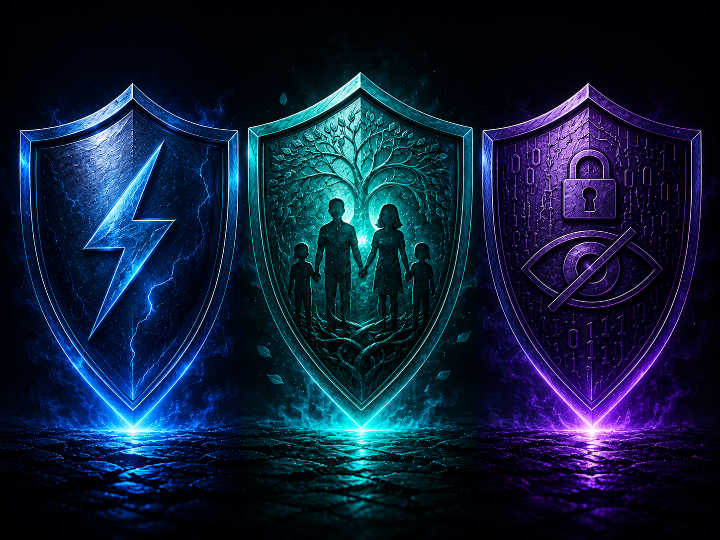 Trois boucliers lumineux sur fond noir représentant NordVPN en bleu, Surfshark en teal avec une silhouette familiale, et ProtonVPN en violet avec un cadenas et un œil barré — comparatif VPN 2026