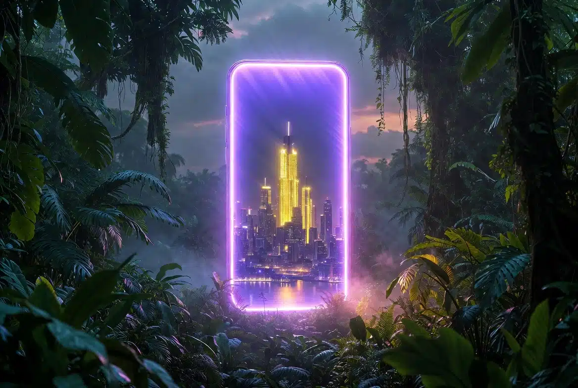 Illustration ProtonVPN 2026 : portail lumineux violet flottant dans une jungle tropicale la nuit, révélant une ville illuminée — métaphore de la connexion sécurisée et de la liberté numérique offerte par un VPN.