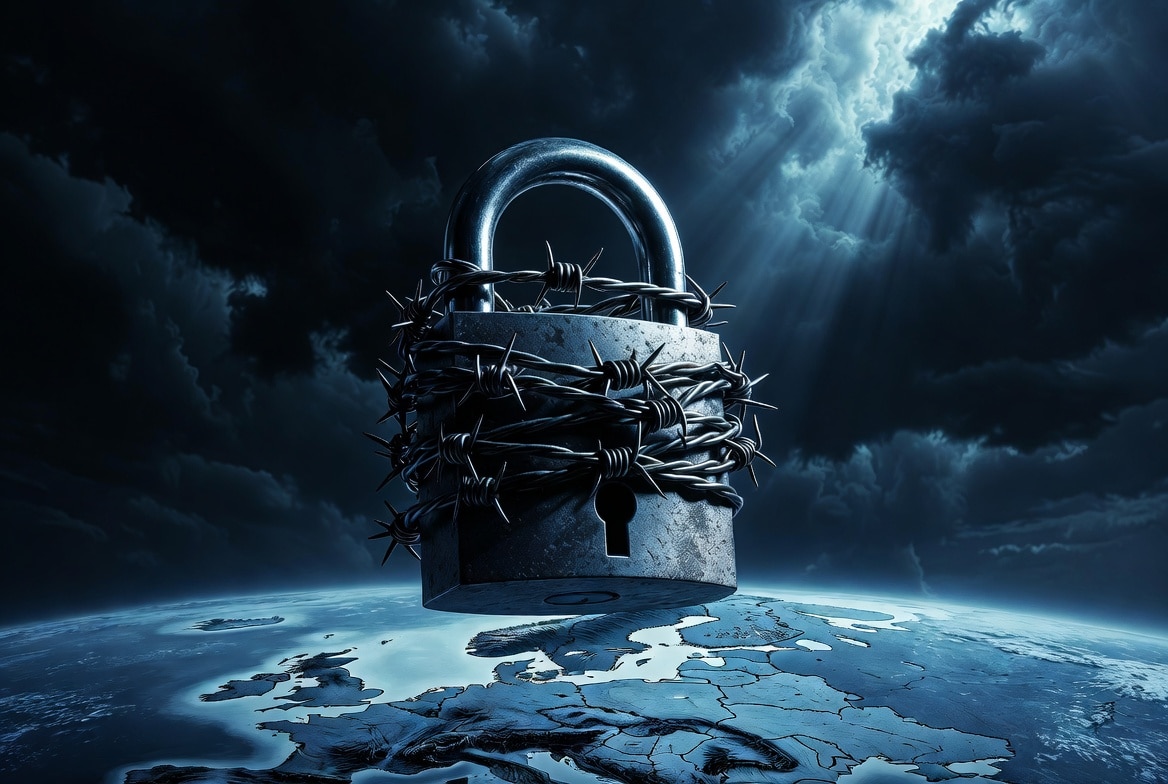 Cadenas barbelé posé sur la carte de l'Europe symbolisant l'interdiction des VPN et la surveillance numérique en 2026